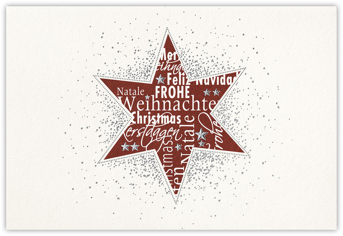 Weihnachtskarte creme mit dunkelrotem Stern und Text Frohe Weihnachten in verschiedenen Sprachen