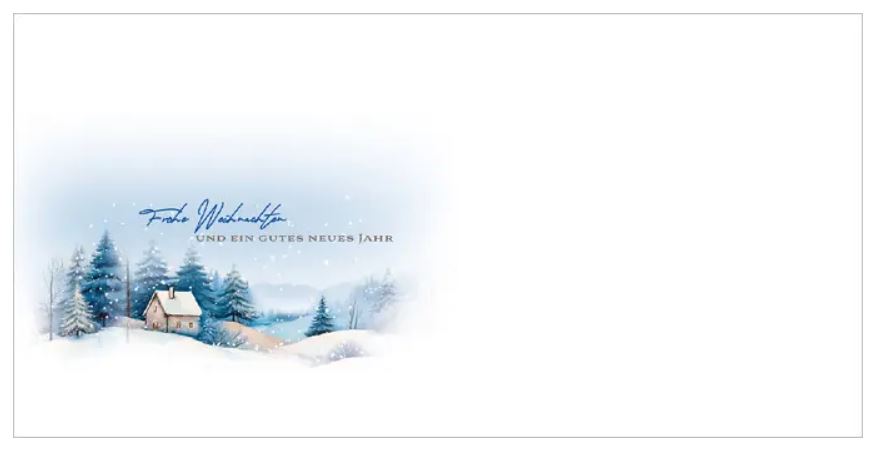 Winterlicher Weihnachts-Briefumschlag ohne Fenster, haftklebend, DIN lang "Traumhafter Schnee" mit Gruß