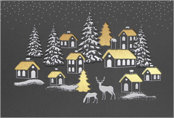 Spendenweihnachtskarte für das Deutsche Kinderhilfswerk e.V. mit verschneitem Winterdorf, Einleger gold