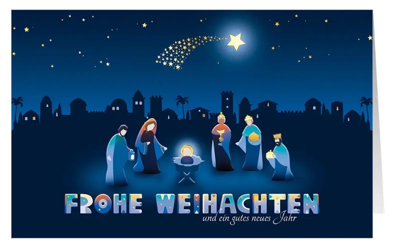 Christliche Weihnachtskarte "Edle Gaben" mit Anbetung der Heiligen drei Könige an der Krippe in Betlehem