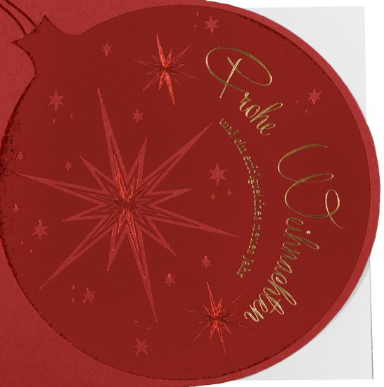 Weihnachtskarte quadratisch rot mit Konturstanzung Weihnachtskugel und goldenem Text