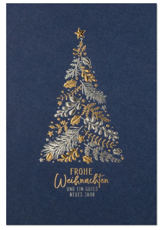Blaue Weihnachtskarte "Floraler Baum" mit Weihnachtsbaum aus Zweigen und Blättern in gold und silber