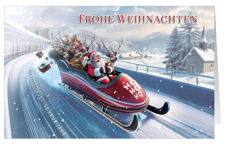 Lustige Grußkarte "Weihnachtlicher Schlitten-Bob" mit dem Weihnachtsmann und Rentieren auf einer Bobbahn