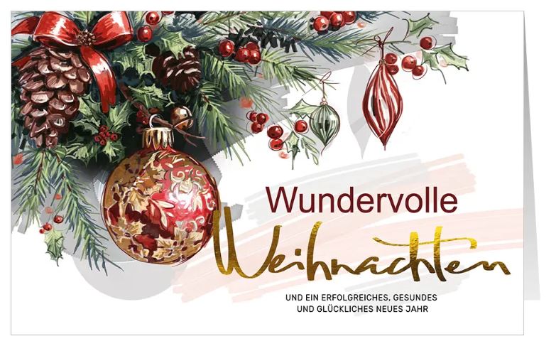 Firmen-Festtagskarte "Traditionelle Weihnachten" im klassischen Design mit weihnachtlichem Gesteck