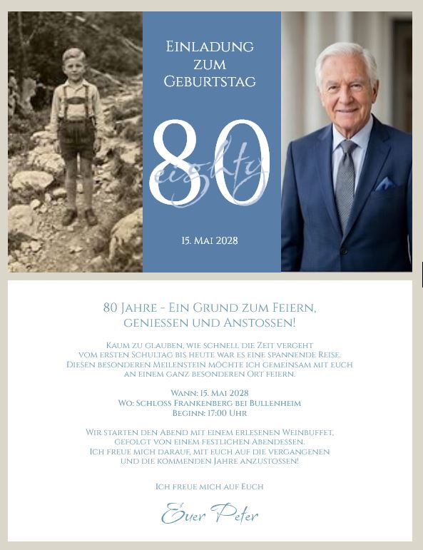 Geburtstagseinladung "Zeitenreise" zum 80. Geburtstag als Einzelkarte mit eigenen Bildern und Text