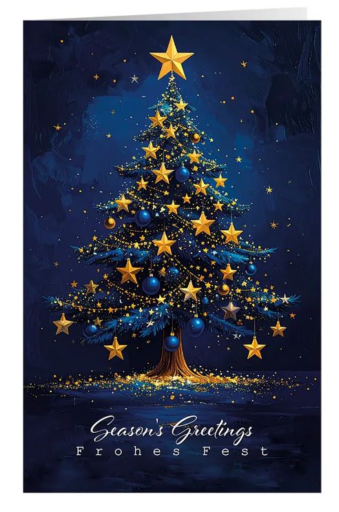 Glanzvolle Weihnachtskarte "Lichterbaum" mit deutsch-englischem Gruß und Weihnachtsbaum mit vielen Sternen und Kugeln