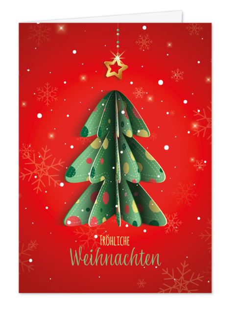 Rote Weihnachtskarte mit Gruß "Fröhliche Weihnachten" und grünen Baum im plastischen Paper-Cut Stil