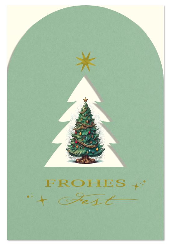 Nostalgische Weihnachtskarte in mintgrün mit "Frohes Fest", Laserstanzung und traditionellem Weihnachtsbaum