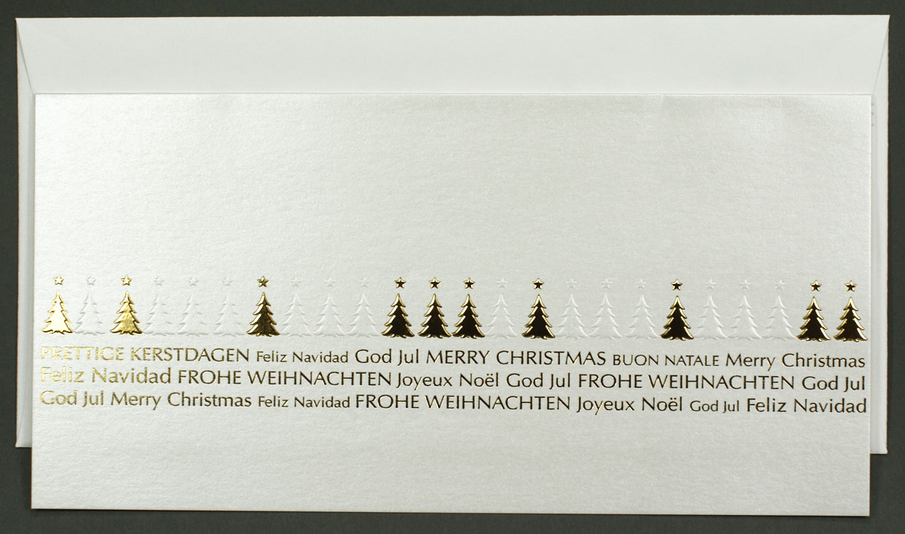 Weihnachtskarte creme mit Weihnachtsbäumen international