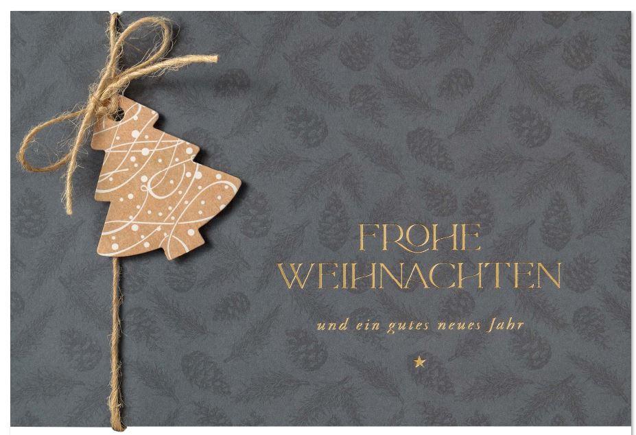 Exklusive Weihnachtskarte in Schiefergrau mit Baumanhänger, Naturkordel und Goldfolienprägung, inkl. Einlegeblatt