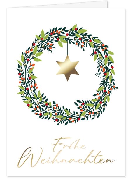 Weihnachtskarte in weiß mit Stern in einem Weihnachtskranz und Gruß "Frohe Weihnachten"