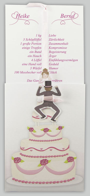 Hochzeitskarte mit Brautpaar und Hochzeitstorte