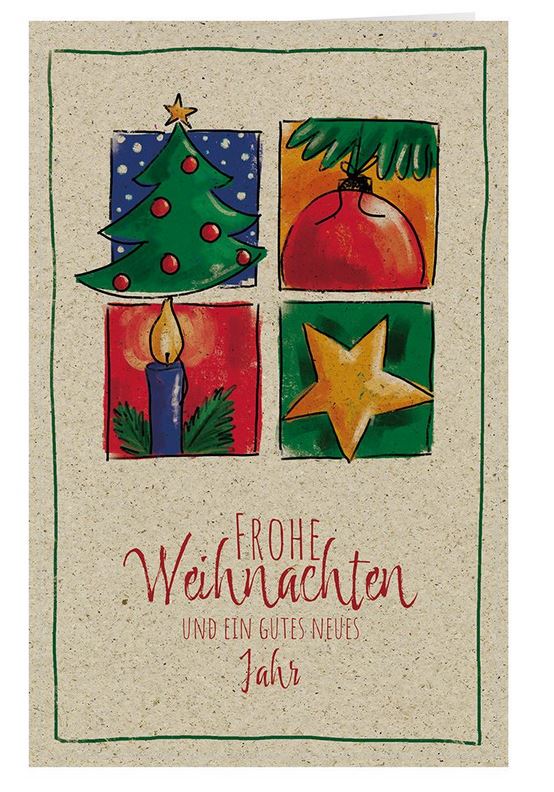 Farbenfrohe Weihnachtskarte aus Graspapier-Karton mit weihnachtlichen Motiven und Gruß