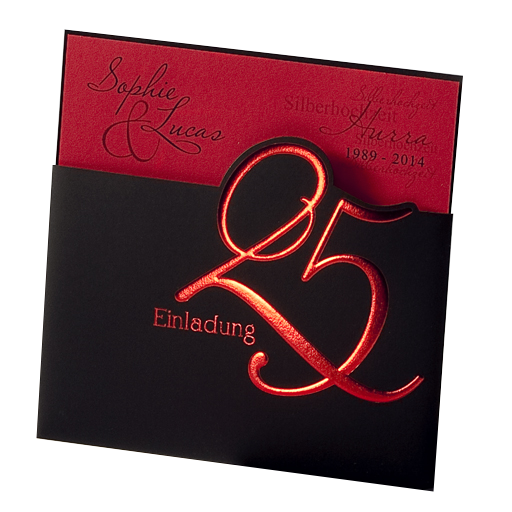 Einladungskarte Silberhochzeit rot/schwarz mit Folienprägung