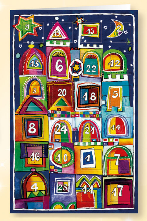 Adventskalenderkarte mit 24 Türchen zum Thema "Frohen Advent"