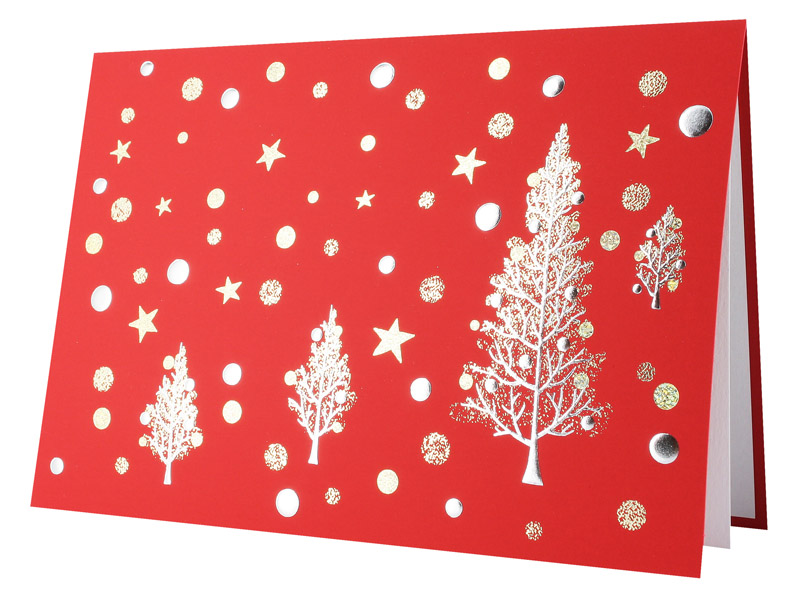 Rote Weihnachtstkarte mit Spende zugunsten Make-A-Wish e.V. mit Sternen, Punkten und Bäumen in gold und silber