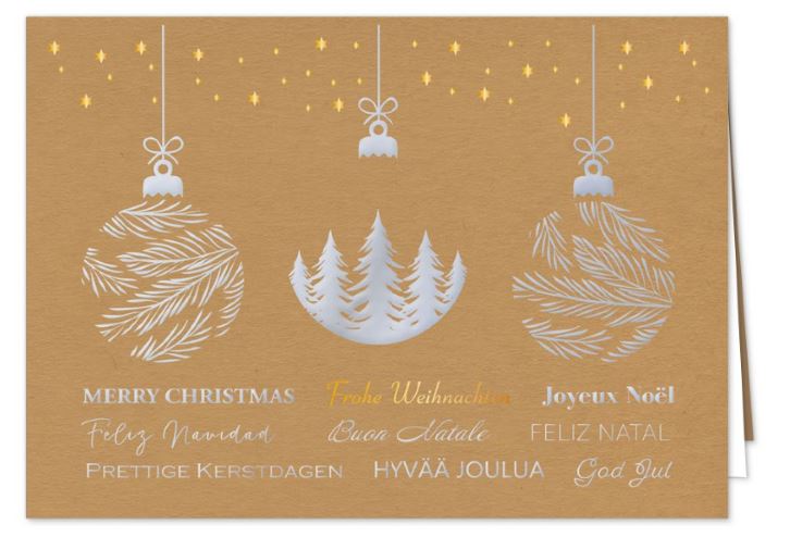 Mehrsprachige Weihnachtskarte aus braunem Kraftkarton mit Gold- und Silberfolienprägung, inkl. Einlegeblatt