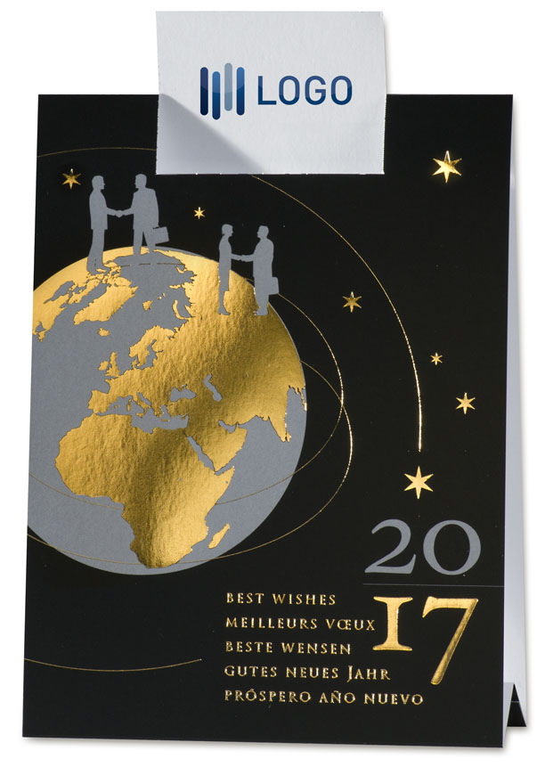 Neujahrskarte international zum Aufstellen mit Kalender für 2017 Logokarte