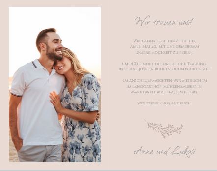 Romantische Hochzeits-Einladungskarte in Nuderosa "Zarter Zweig" als Klappkarte mit eigenem Foto innen