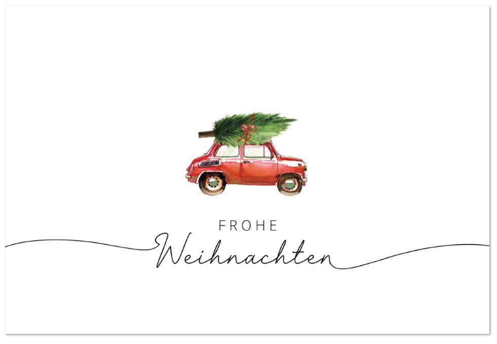 Lustige Weihnachtskarte "Fahrt ins Glück" mit rotem Vintage-Auto und Tannenbaum auf dem Dach 