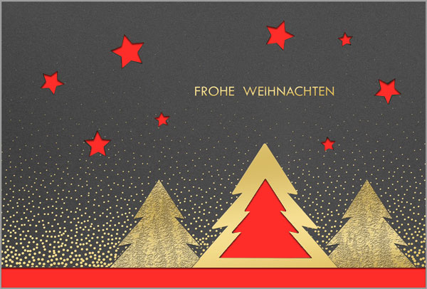 Festliche Weihnachtskarte in dunkelgrau mit Stanzung von Tannen und Sternen sowie Goldprägung, Einleger rot
