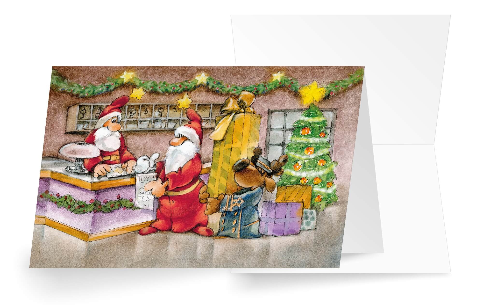 Fröhliche Weihnachtskarte für Pensionen, Hotels, Gasthöfe mit Weihnachtsmann und Rentier
