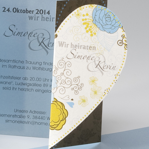 Hochzeitskarte ba722054 Herz-Formstanzung retro Blumenmotive
