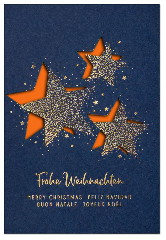 Festliche Laser-Weihnachtskarte mit internationalen Grüßen und Sternen in Goldprägung und Stanzung, Einleger orange