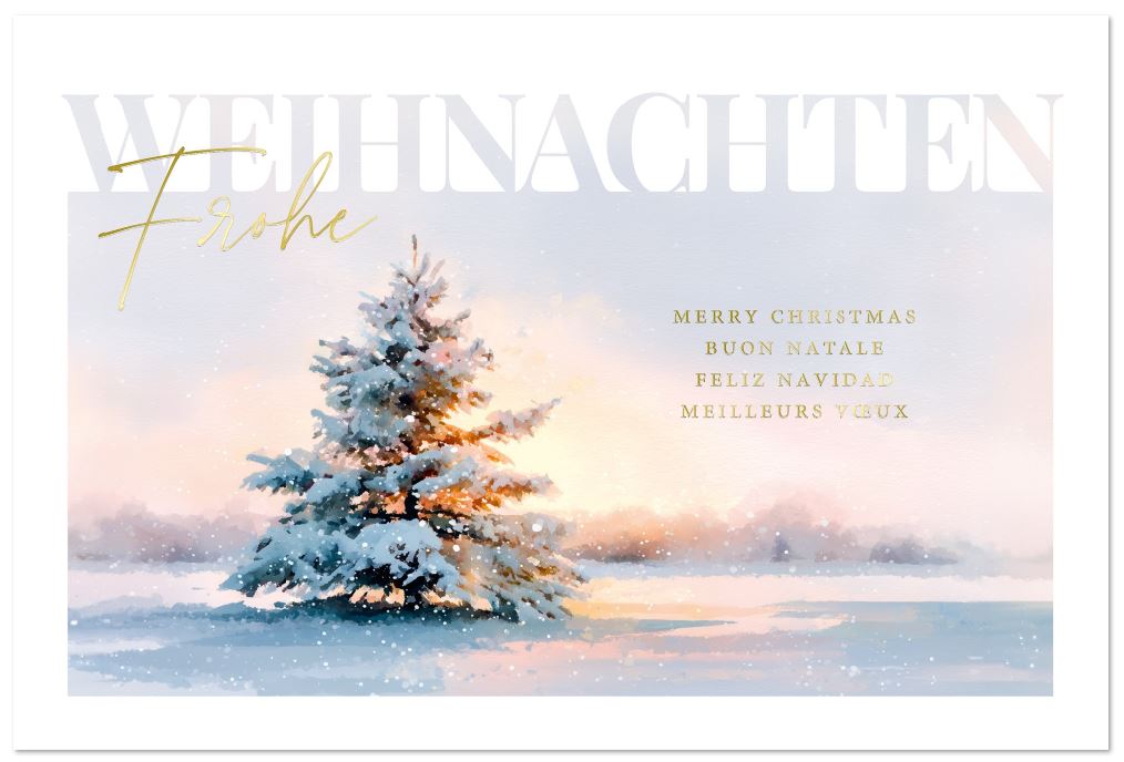 Winterliche Weihnachtskarte mit internationalen Grüßen und verschneitem Tannenbaum in schneebedeckter Landschaft