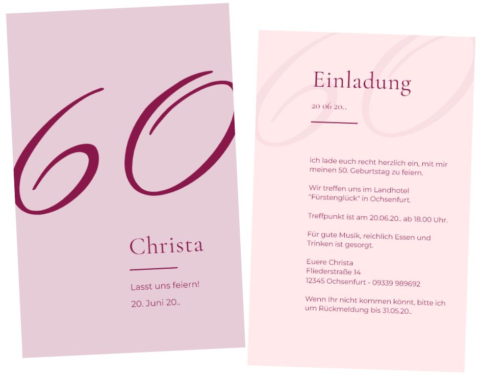 Stilvolle Einladungskarte zum 60. Geburtstag "Purple Red" im eleganten Rotfarbton als beidseitig bedruckbare Einzelkarte