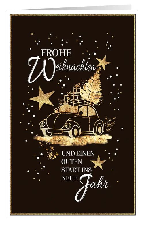 Humorvolle Weihnachtskarte "Oldtimer im Schnee" mit Weihnachtsgruß und humorvollen Motiv für Autofans