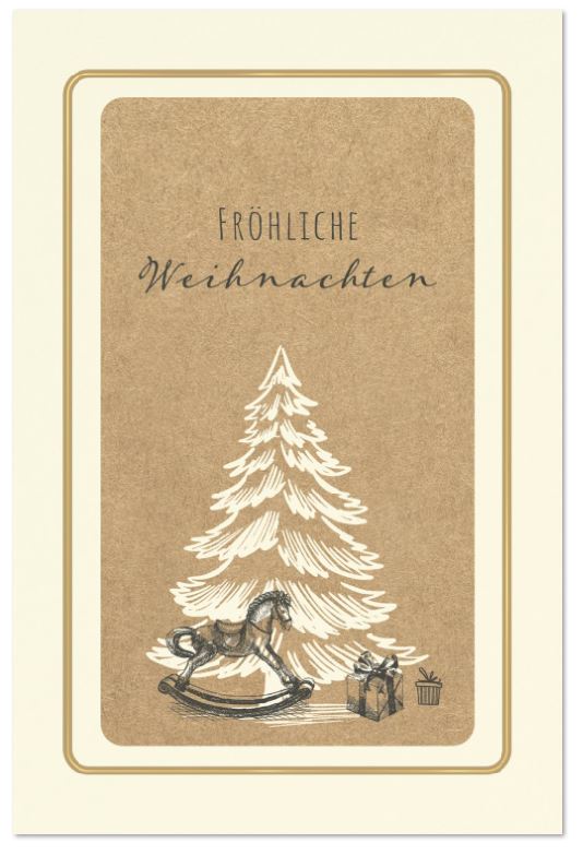 Nostalgische Weihnachtskarte "Strahlende Kinderaugen" mit Schaukelpferd, Geschenken und Weihnachtsgruß