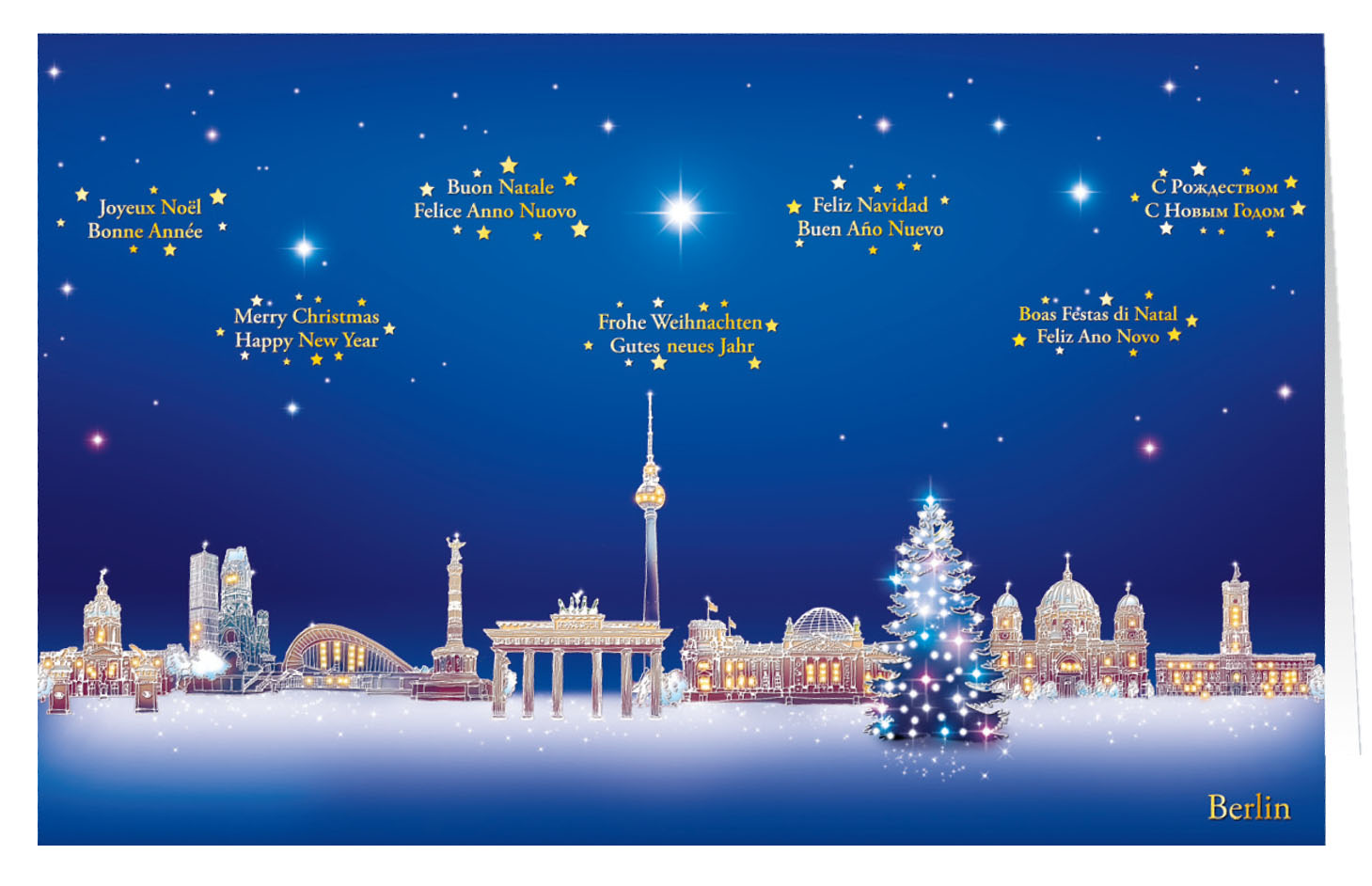 Weihnachtskarte mit internationalen Grüßen aus Berlin Städtekarte