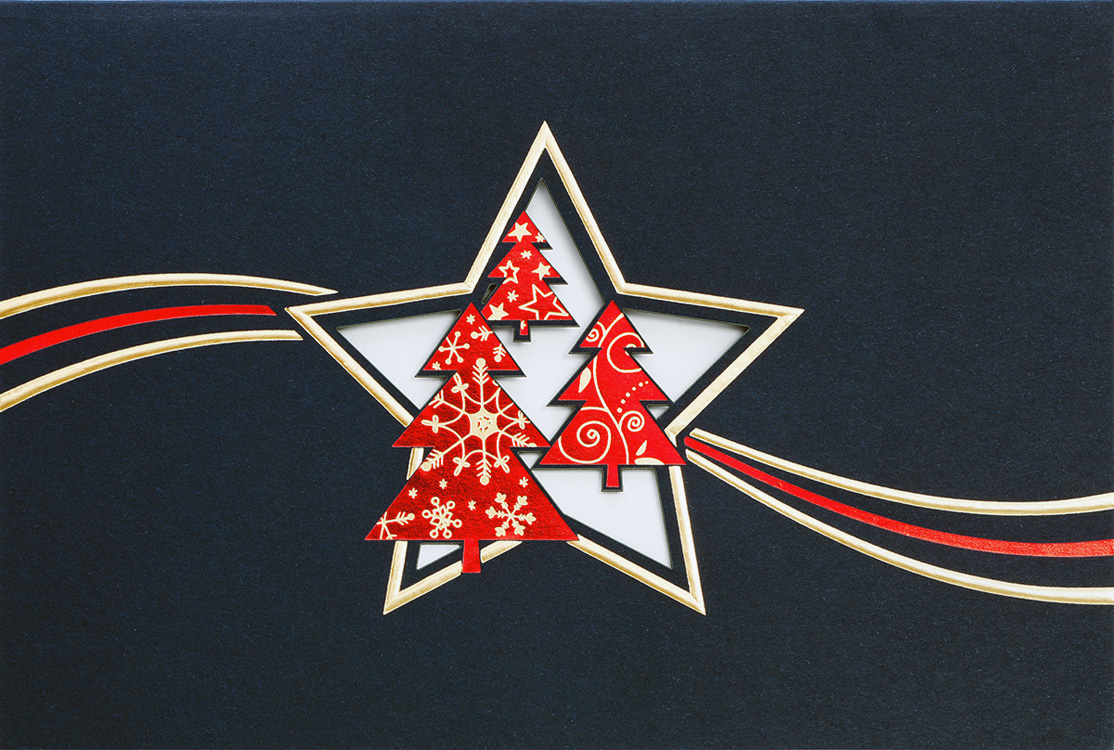 Weihnachtskarte nachtblau mit Stern und Weihnachtsbäumen