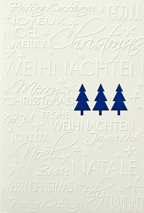 Weihnachtskarte creme mit drei blauen Weihnachtsbäumen