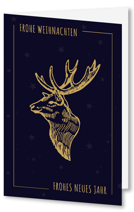 Elegante Weihnachtskarte in nachtblau "Golden Deer" mit goldfarbenem Hirschmotiv und Sternenhintergrund sowie deutschsprachigem Gruß