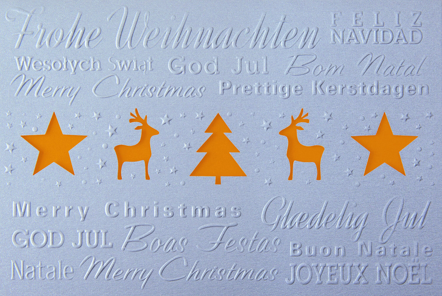 Silbergraue Weihnachtskarte mit orangefarbenem Falteinleger