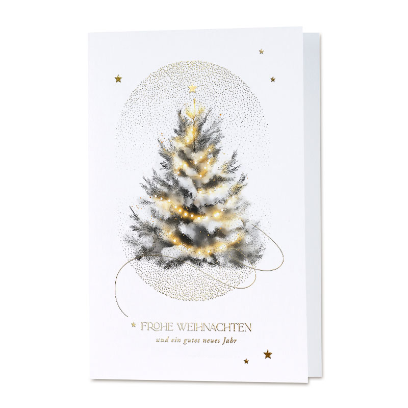 Weihnachtskarte "Glanz & Frohsinn" in weiß mit prunkvollem Weihnachtsbaum und weihnachtlichen Grüßen in gold
