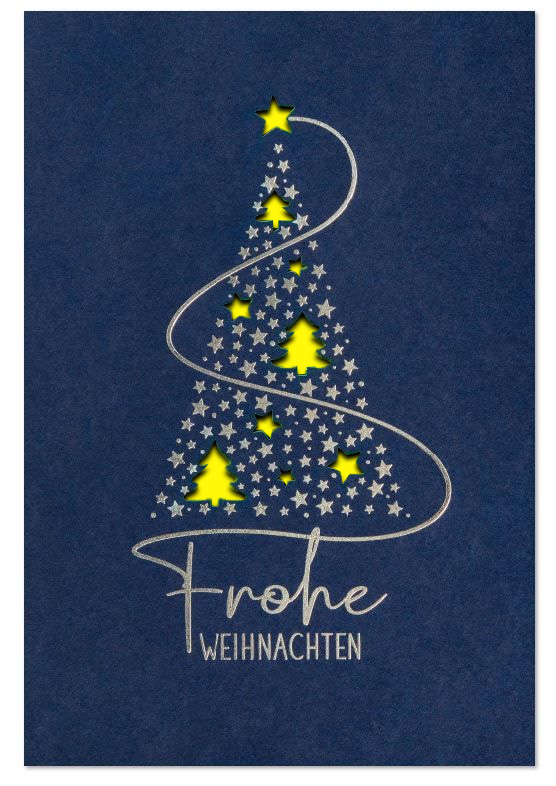 Blaue Weihnachtskarte mit Silberprägung und Stanzung sowie gutem Zweck: Kinderkrebshilfe, Einleger gelb