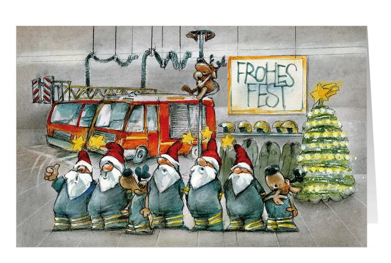 Weihnachtliche Branchenkarte "Immer im Einsatz" für die Feuerwehr, Technisches Hilfswerk, Rettungsdienst und Katastrophenschutz