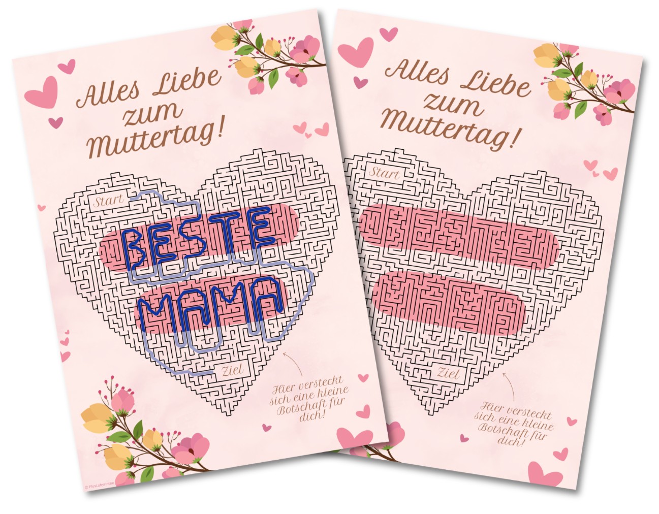 Muttertags Glückwunschkarte mit Herz-Labyrinth als Rätselkarte