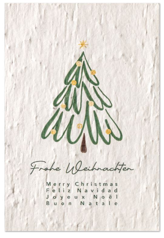 Samenpapier-Weihnachtskarte zum Einpflanzen mit internationalen Grüßen, Tannenbaum, Kugeln und Stern