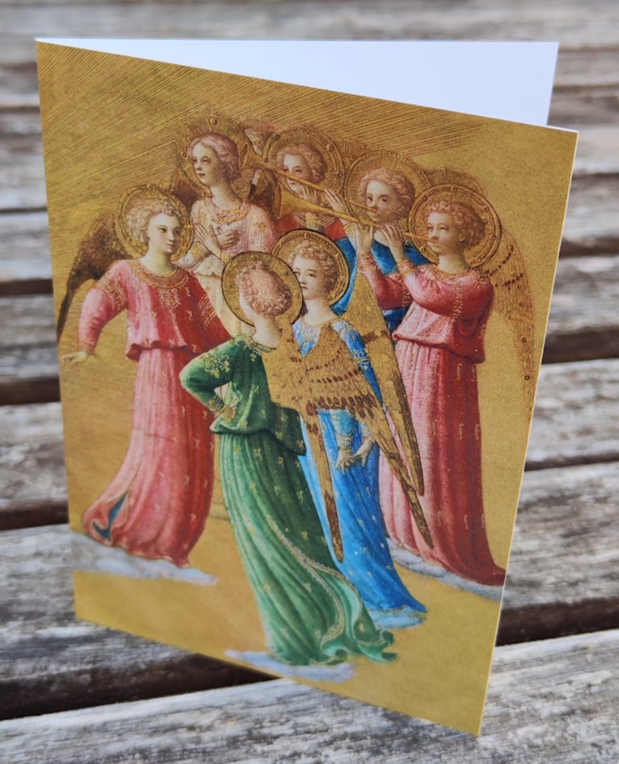 Sakrale Kunst-Weihnachtskarte mit buntem Farbdruck "Musizierende Engel" von Fra' Beato Angeliko.