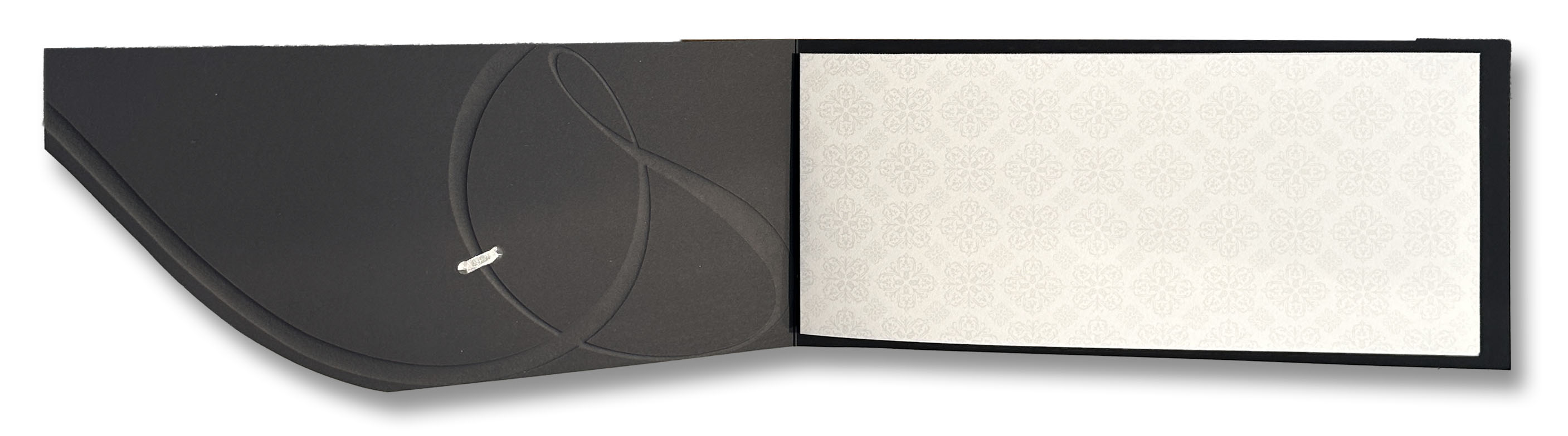 Exklusive Hochzeits-Einladungskarte "Midnight Silver" DIN lang mit Silberprägung und weißem Satinband