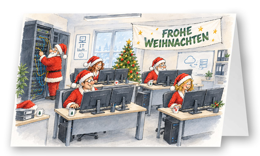 Fröhliche Comic-Weihnachtskarte „Festlicher Systemcheck“ für die EDV- und IT-Branche mit humorvoller Büroszene und Gruß "FROHE WEIHNACHTEN"