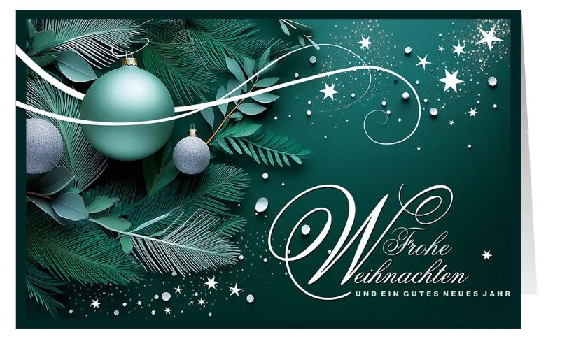 Dunkelgrüne Weihnachtskarte "Elegantes Tannengrün" mit Weihnachtsgruß, Kugeln, Sternen und Zweigen