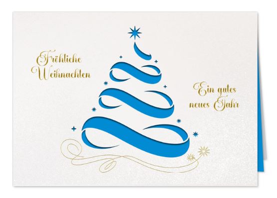 Festtagskarte weiß "Zaubertanne" mit Laserstanzung und Goldfolienprägung inkl. Falteinlegeblatt blau