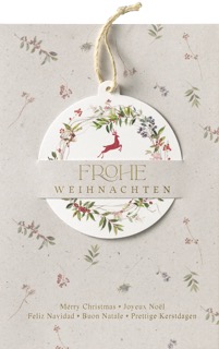 Internationale Weihnachtskarte "Blütentraum" mit eingesteckter Kugel, Naturkordel und Goldfolienprägung