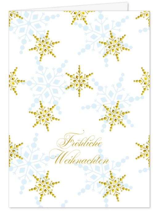 Elegante Festtagskarte „Funkelnder Kristallzauber“ in Weiß und Eisblau mit Schneeflocken-Muster und glanzvoller Goldprägung