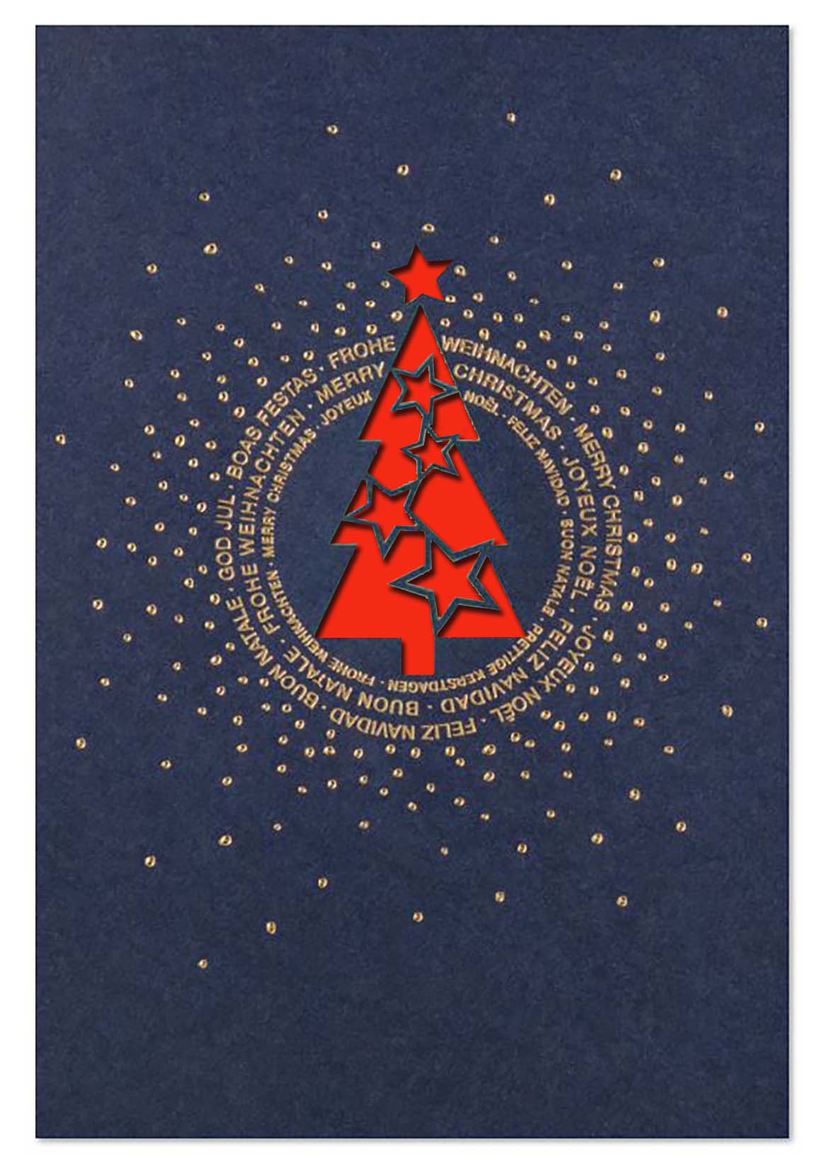 Elegante Weihnachtskarte, mehrsprachig mit Laserstanzung und Goldprägung, Einleger rot